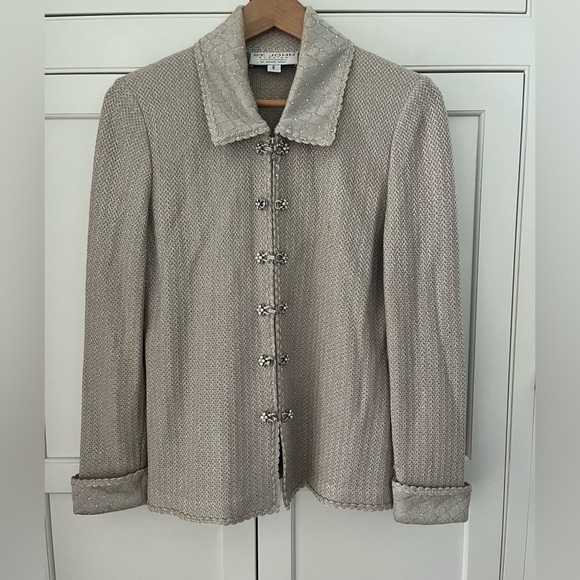 St. John Evening Alabaster Ivory Rhinestone Santana Knit Suit Jacket Size 6 - Picture 1 of 14